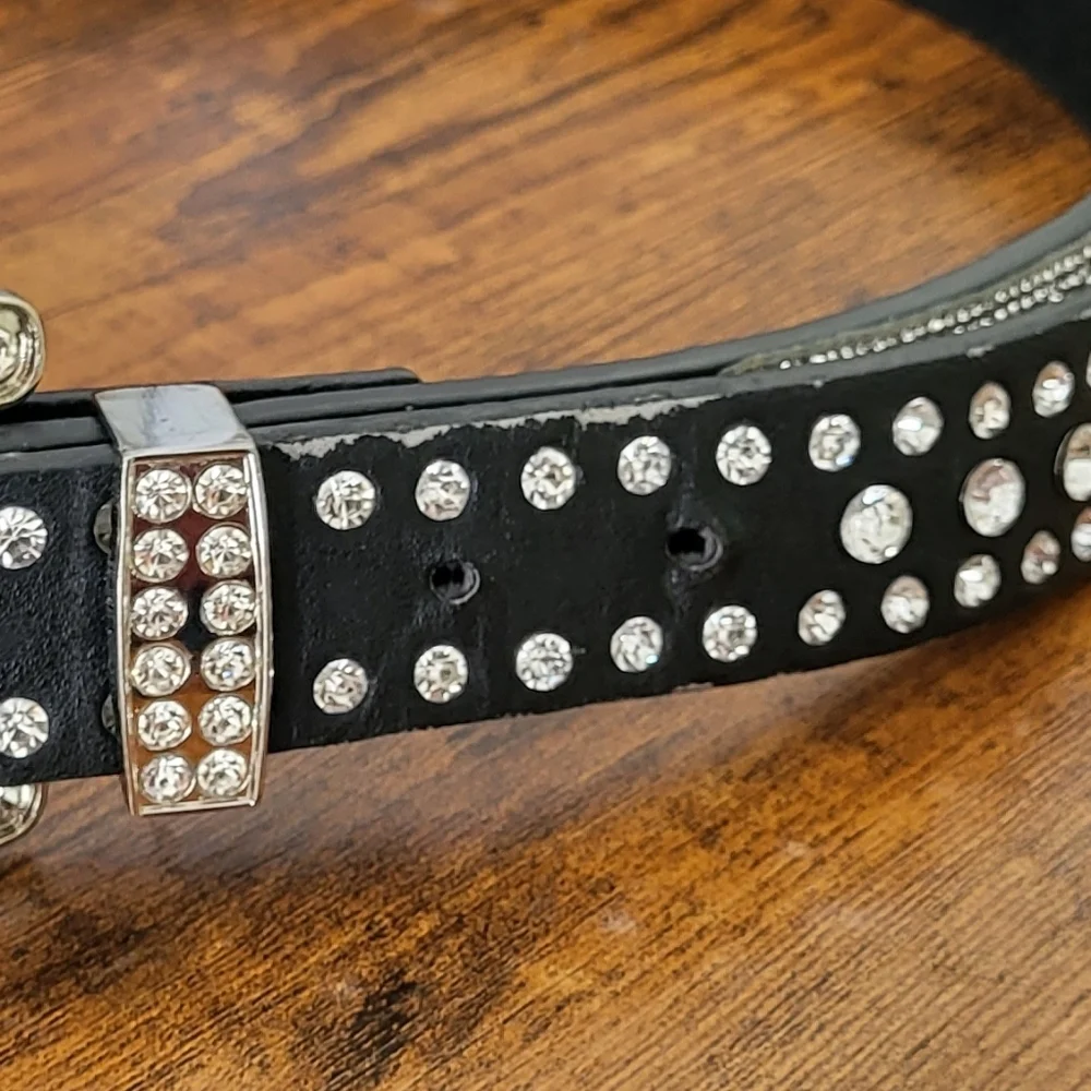 Crystal Mirrored Embellished Black Leather Rodeo Western Belt